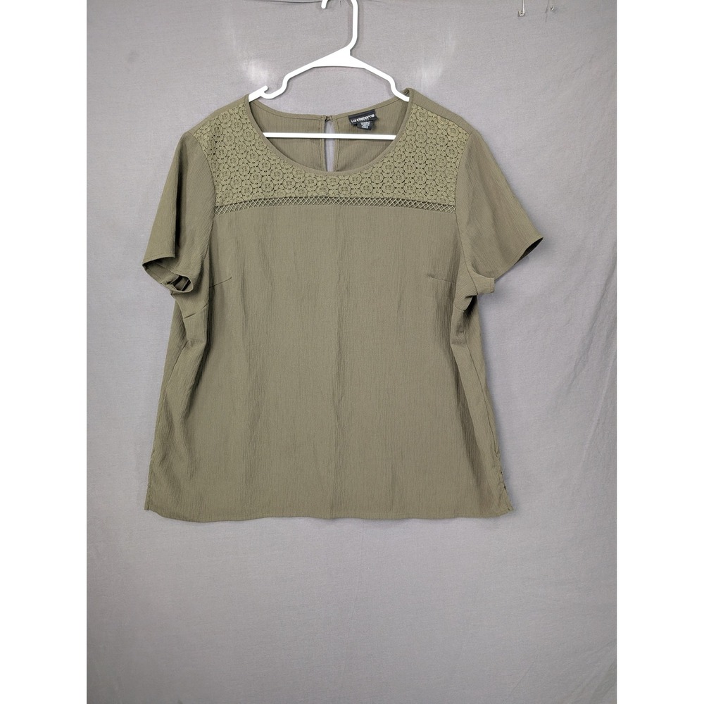 Liz Claiborne Career Olive Green Crochet Lace Yoke Blouse XXL Short Sleeve Top